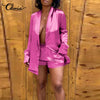 Celmia Autumn Women Sexy Lightweight Cardigan 2023 Satin Sets Long Sleeve Blazer and Short Pants Lapel Work Party Suits