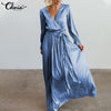 Celmia Casual Satin Solid Maxi Sundress Women V Neck Bandage Party Dress Flare Sleeve Long Robes 2022 Elegant Vestidos