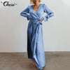 Celmia Casual Satin Solid Maxi Sundress Women V Neck Bandage Party Dress Flare Sleeve Long Robes 2022 Elegant Vestidos