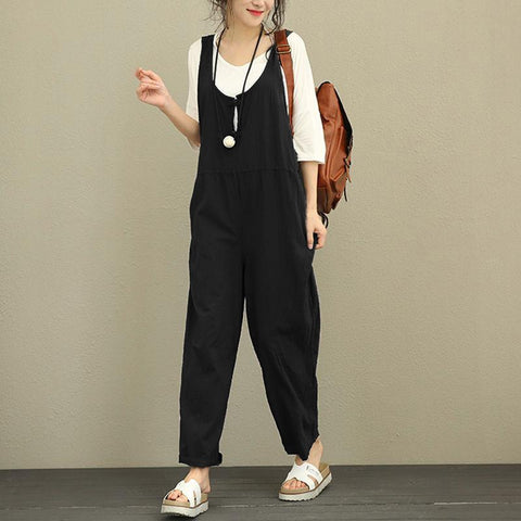 Linen Jumpsuits Women 2022 Backless Sleeveless Casual Bottoms Pockets Solid Loose Trousers Playsuits Plus Size Overalls