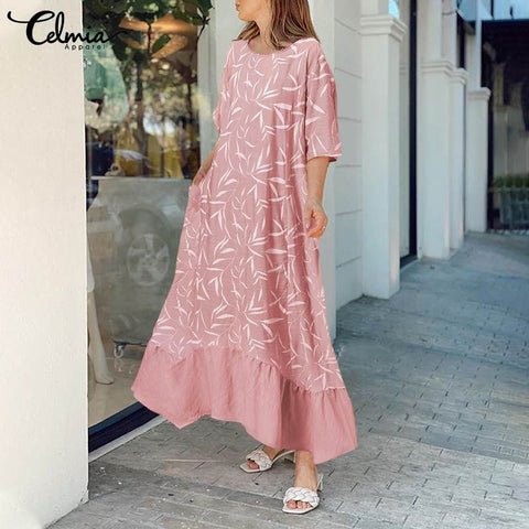Celmia Summer Women Long Dress Bohemian Floral Print Maxi Sundress Casual Loose Vintage Half Sleeve Vestidos Robe