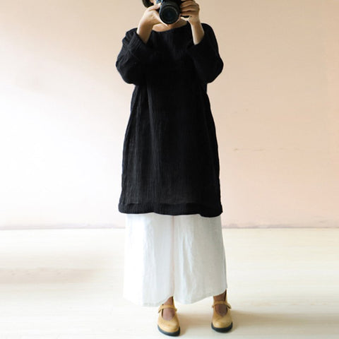 Women Vintage Linen Blouse 2022 Autumn Casual Long Shirts O Neck Long Sleeve Loose Tops Plus Size Blusas Plus Size 5XL