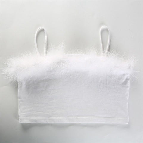 Shirt Newly Design Women Fashion Fluffy Fur Strap Crop Top Ladies Sexy White Club Camis 80313
