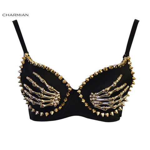 Women's Gothic Punk Bra Top Steampunk Rivets Skeleton Claws Party Nightclub Bra Crop Top Rock Style Corset and Bustiers