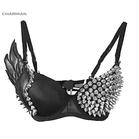 Women's Sexy Gothic Punk Bra Top Wing Rivets Party Nightclub Bra Crop Top Rock Style Corset and Bustiers