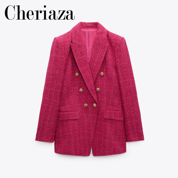 Cheriaza Autumn Woman Casual Rose Red Blazer Double Breasted Long Sleeves Vintage Outerwear Pocket Top Slim Fit Commuter Coat