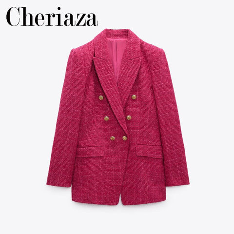 Cheriaza Autumn Woman Casual Rose Red Blazer Double Breasted Long Sleeves Vintage Outerwear Pocket Top Slim Fit Commuter Coat