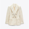Cheriaza Autumn Women White Tweed Blazer Double-breasted Long Sleeves Casual Commute Outerwear Pocket Vintage Top Female
