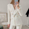 Cheriaza Autumn Women White Tweed Blazer Double-breasted Long Sleeves Casual Commute Outerwear Pocket Vintage Top Female