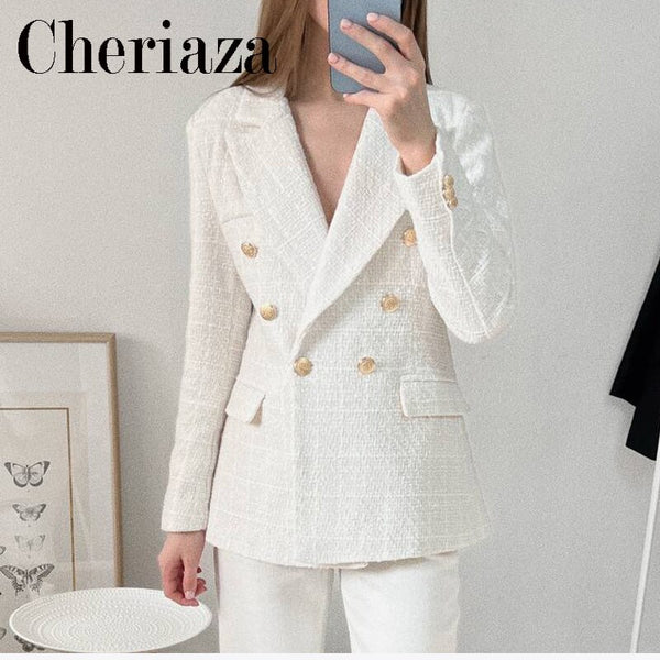 Cheriaza Autumn Women White Tweed Blazer Double-breasted Long Sleeves Casual Commute Outerwear Pocket Vintage Top Female