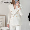 Cheriaza Autumn Women White Tweed Blazer Double-breasted Long Sleeves Casual Commute Outerwear Pocket Vintage Top Female