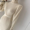 Chic Apricot Turtleneck Knit Dress Women Winter Autumn 2022 Long-sleeve Sweater Dresses Korean Lace Up Wool Clothing