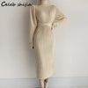 Chic Apricot Turtleneck Knit Dress Women Winter Autumn 2022 Long-sleeve Sweater Dresses Korean Lace Up Wool Clothing