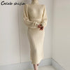 Chic Apricot Turtleneck Knit Dress Women Winter Autumn 2022 Long-sleeve Sweater Dresses Korean Lace Up Wool Clothing