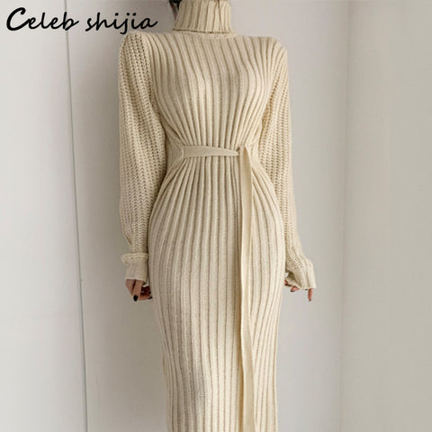 Chic Apricot Turtleneck Knit Dress Women Winter Autumn 2022 Long-sleeve Sweater Dresses Korean Lace Up Wool Clothing