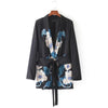 Chic Big Flower print Sashes Waist Black Blazer New Woman Shawl Collar Slim fit Mid long Suit Jacket Coat Outerwear With Belt