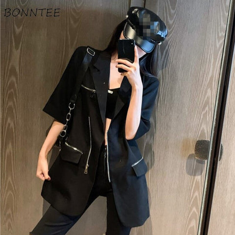 Chic Blazers Women Casual Harajuku Summer Street Chain Black Zipper Half-sleeve Cool Comfort Thin Breathable Coat Office New