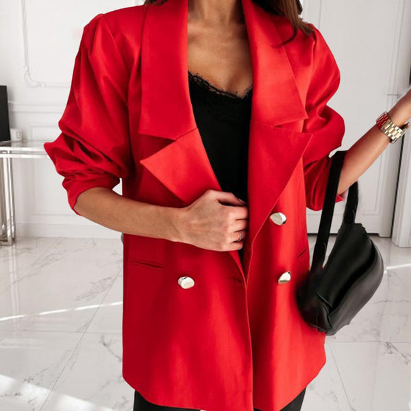 Chic Double Breasted Women Formal Suit Jacket Women Coat Anti-fade  Pleated Shoulder