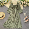 Chic Elegant Square Collar Maxi Dress Women Solid Chiffon Puff Sleeve Dresses 2022 Korean  Vintage Ruffle Vestidos