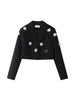 Chic Autumn Women's 3D Handmade Rose Floral Blazer Coat Notched Collar Drawstring Black Long Sleeve Short Jacekts Female