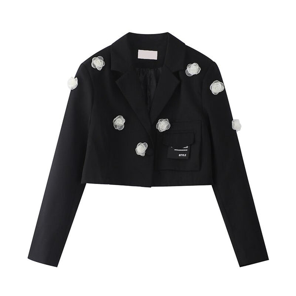 Chic Autumn Women's 3D Handmade Rose Floral Blazer Coat Notched Collar Drawstring Black Long Sleeve Short Jacekts Female