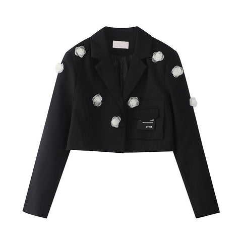 Chic Autumn Women's 3D Handmade Rose Floral Blazer Coat Notched Collar Drawstring Black Long Sleeve Short Jacekts Female
