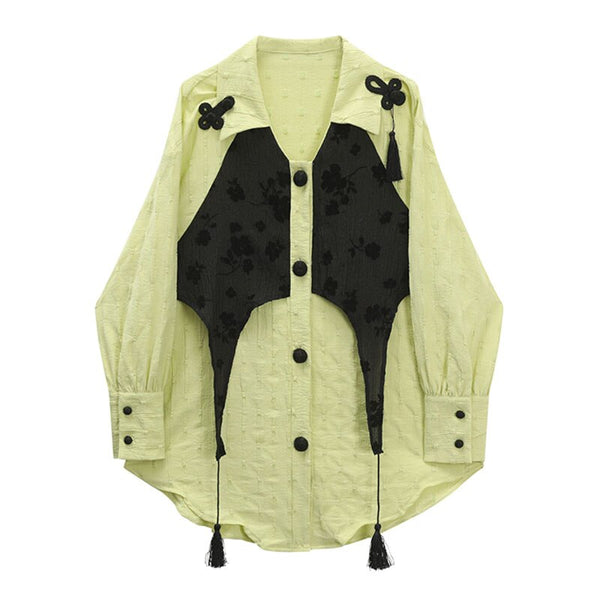 Chic Casual Button Up Shirt Women Autumn 2023 Long Sleeve Patchwork Green Blouse Female Elegant Ladies Korean Style Tops