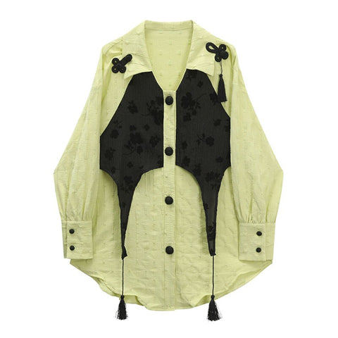 Chic Casual Button Up Shirt Women Autumn 2023 Long Sleeve Patchwork Green Blouse Female Elegant Ladies Korean Style Tops