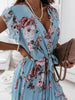 Chic Floral Printed Dress Women Elegant Summer V Neck Chiffon Midi Dresses Female A-Line Sundress Holiday Party Vestidos 2023