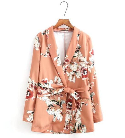 Chic Flower print Sashes Waist Orange Blazer New Woman Shawl Collar Slim fit Mid long Suit Jacket Coat Outerwear With Belt