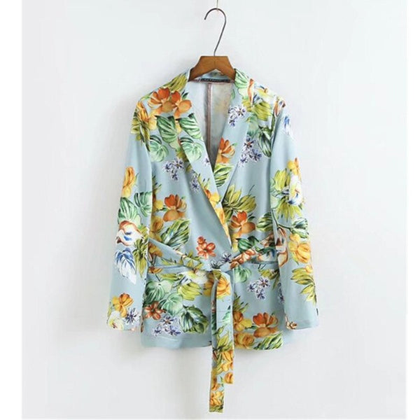 Chic Flower print Sashes Waist Skyblue Blazer New Woman Shawl Collar Slim Fit Mid long Suit Jacket Coat Outerwear With Belt