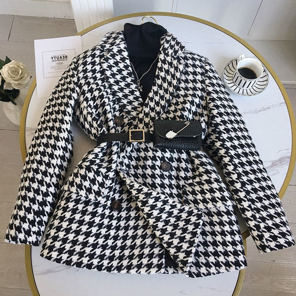 Chic Houndstooth Blazers Women Winter Spring Suit Jackets with Waist Bag office lady Double Breasted blazer feminino