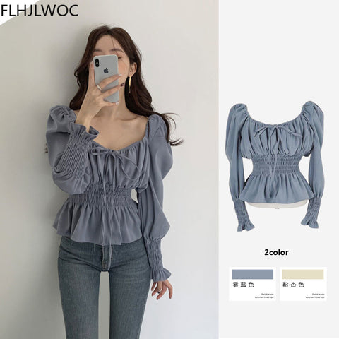 Chic Korea Off Shoulder Tops Blusas Women 2023 Spring Solid Color Bow Tie Slim Waist A Line Belly Peplum Short Shirts Blouses