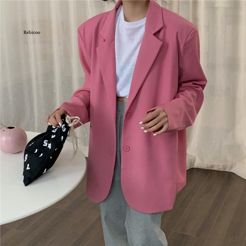 Chic Loose Light Pink Women Blazer Spring Summer Single Buttons Female Oversized Suit Jacket Full Sleeve Outwear
