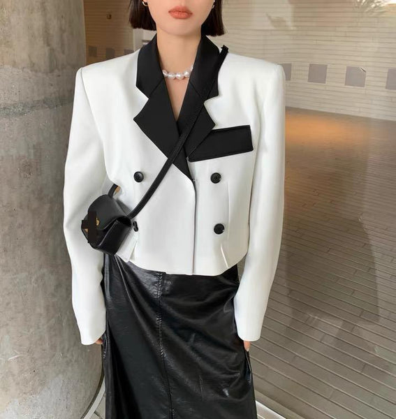 Chic Patchwork Color Blazer For Women Spring Summer High Street Long Sleeve Double Breasted Crop Suit Jacket Lady Blazer Outwear