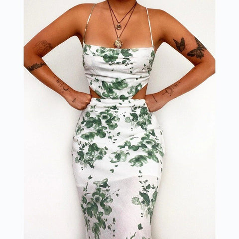 Chic Sexy Women Summer Dress Floral Print Dresses 2023 Slash Neck Hollow Out Backless Slip Dress Midi A-line Spaghetti Strap
