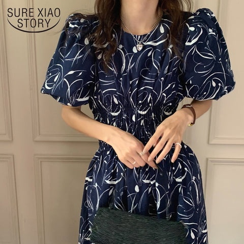 Chic Summer Printing Maxi Dress Casual Vintage Elastic Waist Dress for Women Lantern Sleeve Women's Clothing 14901