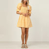 Chic Women Puff  Sleeve Square Collar Mini Dress Elegant Sweet Style Plaid Yellow Lady Party Dress Short Sleeve Femme Streetwear