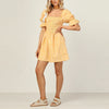 Chic Women Puff  Sleeve Square Collar Mini Dress Elegant Sweet Style Plaid Yellow Lady Party Dress Short Sleeve Femme Streetwear