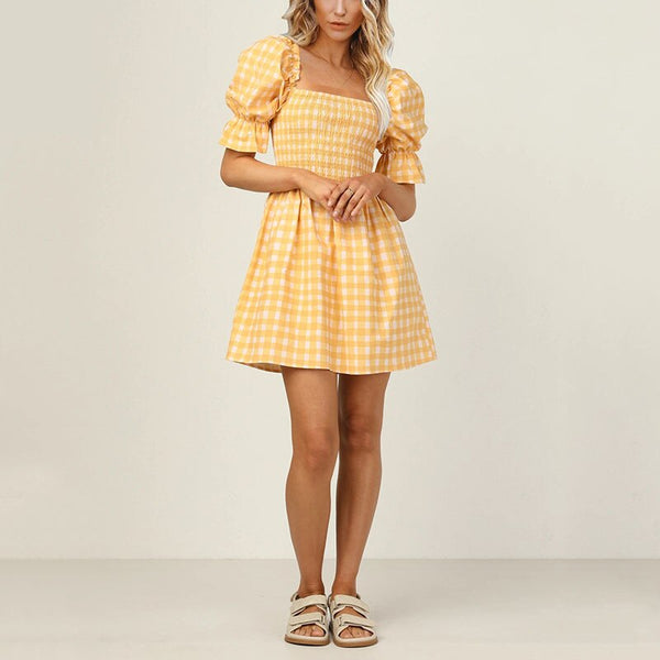Chic Women Puff  Sleeve Square Collar Mini Dress Elegant Sweet Style Plaid Yellow Lady Party Dress Short Sleeve Femme Streetwear