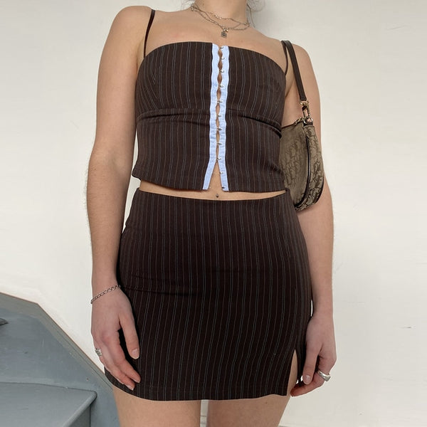 Chic Women Two Piece Set Hook Hollow Out Sling Cami Top and Skinny Wrap Bodycon Split Mini Skirt Vintage Matching Outfits