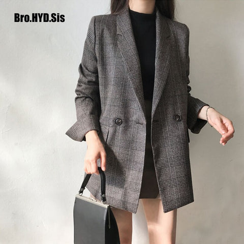 Chic Women's Blazers Plaid Double Breasted with Pockets 2023 Spring Formal Jackets Checkered Outerwear Lady Tops Coats