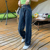 Chic Women's Jean Style Korean Style Straight Loose Vintage Irregular Waist Button All-Match Girlfriend Wide Leg Denim Pants