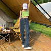 Chic Women's Jean Style Korean Style Straight Loose Vintage Irregular Waist Button All-Match Girlfriend Wide Leg Denim Pants