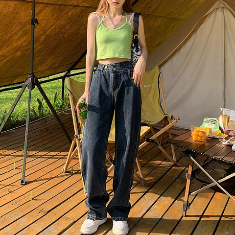 Chic Women's Jean Style Korean Style Straight Loose Vintage Irregular Waist Button All-Match Girlfriend Wide Leg Denim Pants