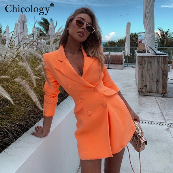 Chicology Neon Pocket Double Breasted Blazer Long Sleeve Slim Elegant Solid Coat Jacket Women Autumn Winter Lengthen Windbreak