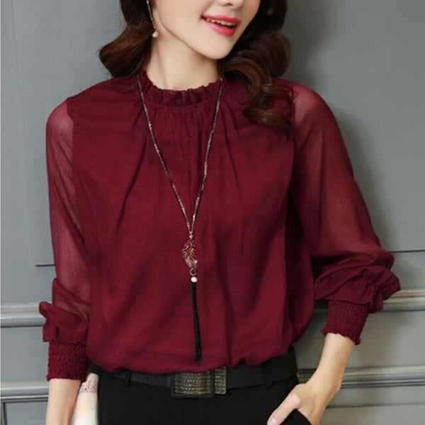 Chiffon Blouse 2023 Women Tops Long Sleeve Stand Neck Work Wear Shirts Elegant Lady Blouses Casual Solid Color Blusas