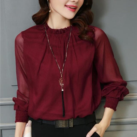 Chiffon Blouse 2023 Women Tops Long Sleeve Stand Neck Work Wear Shirts Elegant Lady Blouses Casual Solid Color Blusas