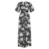 Chiffon Maxi Dress for Women Summer 2023 Elegant Ethnic Print V Neck Ruffle Short Sleeve Empire Swing African Clothing