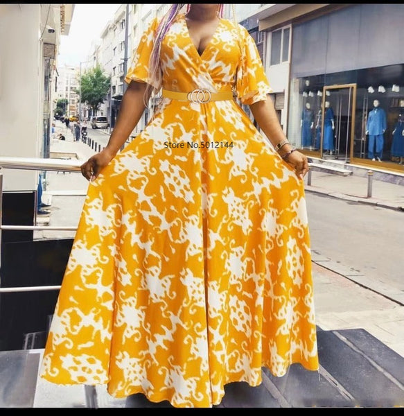 Chiffon Maxi Dress for Women Summer 2023 Elegant Ethnic Print V Neck Ruffle Short Sleeve Empire Swing African Clothing